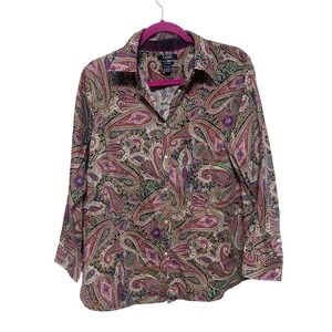 Chaps Womens No Iron 1X Paisley Print Button Down Long Sleeve Shirt Cotton